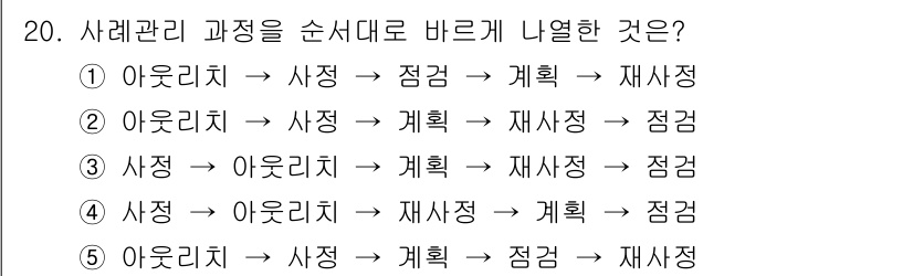 사회복지사_1급(2교시)(구) 2017년 20번 - 사회복지 관리 과정은 일반적으로 사정, 계획, 실행, 평가의 순서를 따릅... 에 관한 핵심 기출문제