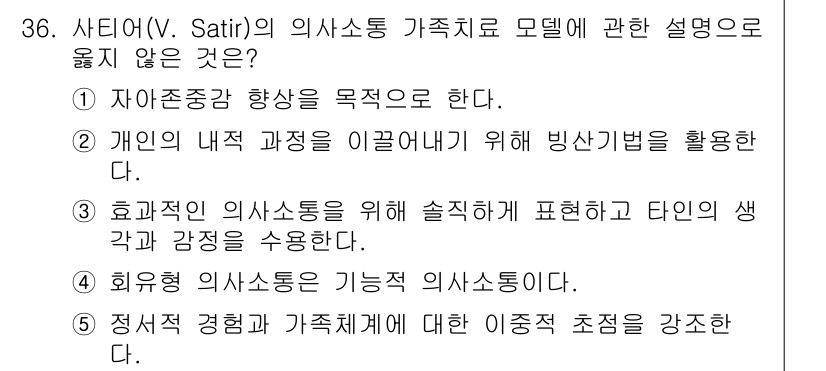 사회복지사_1급(2교시)(구) 2017년 36번 - 4번은 정답이다. 샤이프의 의사소통 가족치료 모델에서는 가족의 상호작용에... 에 관한 핵심 기출문제