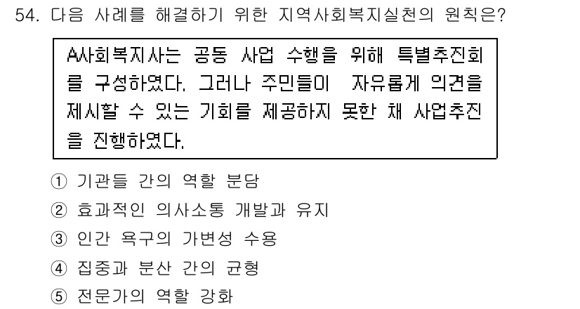사회복지사_1급(2교시) 2017년 54번 - 정답 4번은 전문인의 역할 강화를 강조합니다. 지역 사회의 복지 문제를 ... 에 관한 핵심 기출문제