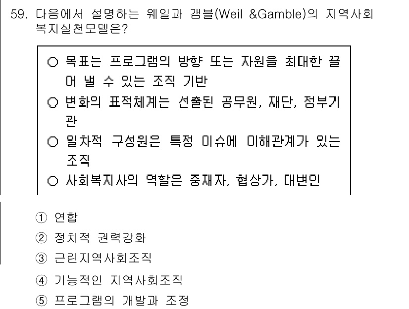 사회복지사_1급(2교시) 2017년 59번 - Weil & Gamble의 지역사회 복지실천모델은 사회복지사의 역할이 지... 에 관한 핵심 기출문제