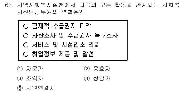 사회복지사_1급(2교시) 2017년 63번 - 정답 3번 "서비스 및 시설분야 의뢰"는 지역사회복지실천에서 사회복지사 ... 에 관한 핵심 기출문제