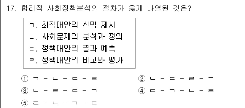 사회복지사_1급(3교시)(구) 2015년 17번 - 정답 3번 "정책대안의 결과 예측"은 사회복지 정책의 효과를 미리 평가하... 에 관한 핵심 기출문제