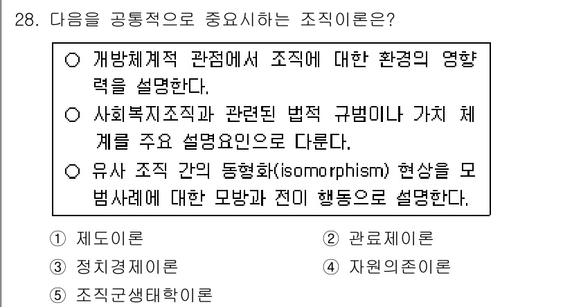 사회복지사_1급(3교시)(구) 2015년 28번 - 유사 조직 간의 동형성은 조직이 환경에 따라 유사한 구조와 행위를 취하는... 에 관한 핵심 기출문제