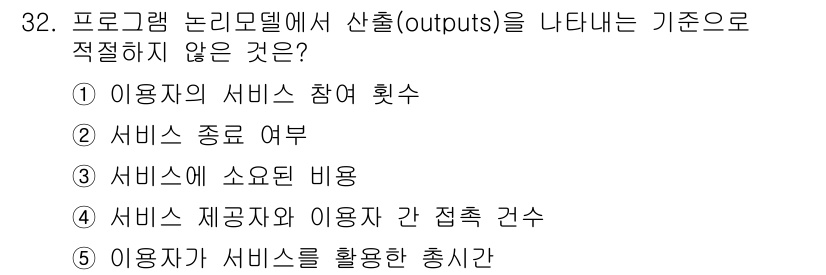 사회복지사_1급(3교시)(구) 2015년 32번 - 사회복지사 1급에서 프로그램 논리모델의 산출물(outputs)을 정의할 ... 에 관한 핵심 기출문제