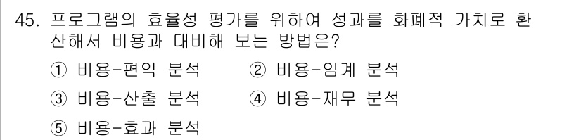 사회복지사_1급(3교시)(구) 2015년 45번 - 3번 '비용-재무 분석'이 정답인 이유는, 프로그램의 성과를 재무적 관점... 에 관한 핵심 기출문제