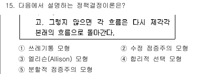 사회복지사_1급(3교시) 2015년 15번 - 정답은 5번 ‘분형적 정통주의의 모형’이다. 이 모형은 정책 결정 시 여... 에 관한 핵심 기출문제