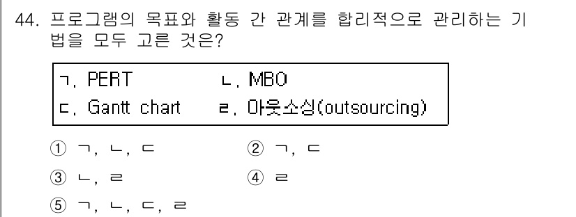 사회복지사_1급(3교시) 2015년 44번 - 문제에서 요구하는 것은 프로그램의 목표와 활동 간의 관계를 관리하는 방법... 에 관한 핵심 기출문제