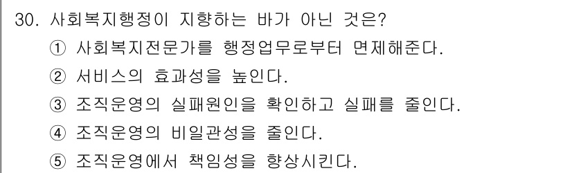 사회복지사_1급(3교시)(구) 2016년 30번 - 사회복지 지휘는 조직의 효율성을 높이고 서비스 품질을 개선하는 것을 목표... 에 관한 핵심 기출문제