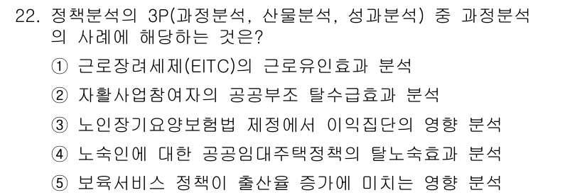 사회복지사_1급(3교시) 2016년 22번 - 정책 분석의 3P 중 '성과 분석'은 정책이 행해진 결과를 평가하는 것으... 에 관한 핵심 기출문제