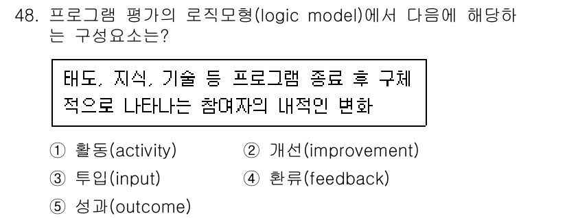 사회복지사_1급(3교시) 2016년 48번 - 프로그램 평가의 로직모형에서 '태도, 지식, 기술'은 프로그램이 제공된 ... 에 관한 핵심 기출문제