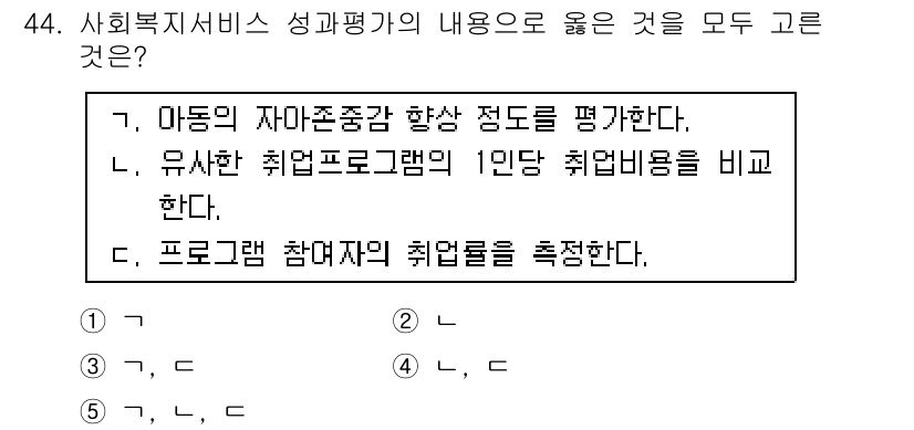 사회복지사_1급(3교시)(구) 2017년 44번 - 정답 4번은 사회복지사 1급 시험에서 사회복지서비스 성과평가의 내용을 평... 에 관한 핵심 기출문제