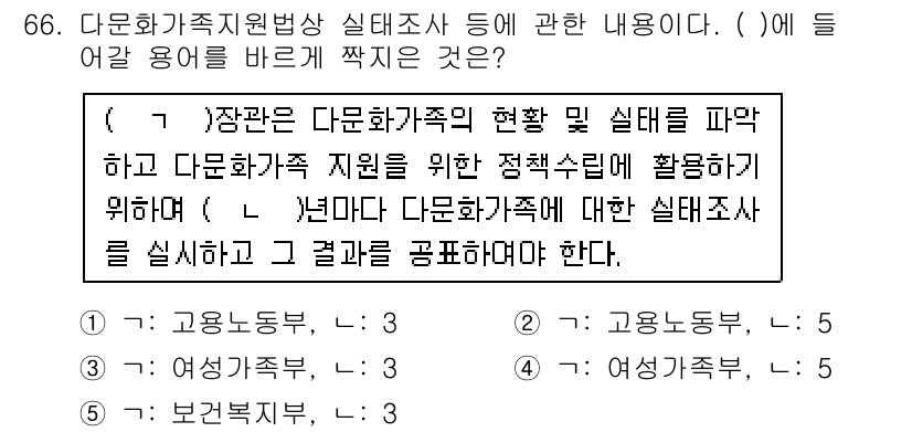 사회복지사_1급(3교시)(구) 2017년 66번 - 정답인 이유는 다문화가족지원법의 목적과 역할을 이해하기 위해 조사가 필요... 에 관한 핵심 기출문제