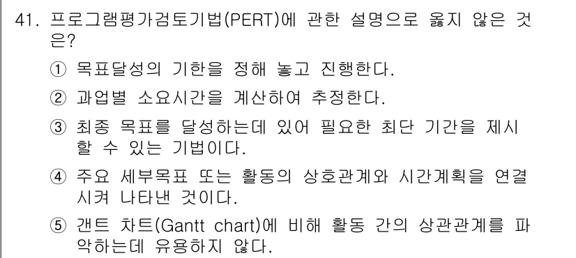 사회복지사_1급(3교시) 2017년 41번 - PERT(프로그램 평가 및 검토 기법)는 활동 간의 관계를 명확히 하고,... 에 관한 핵심 기출문제