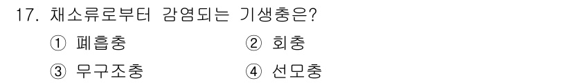 식품안전기사 2016년 17번 - 정답은 3번 무구조충입니다. 무구조충은 체소류에서 감염되어 인체에 해로운... 에 관한 핵심 기출문제
