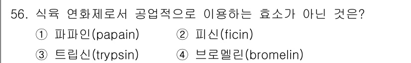 식품안전기사 2016년 56번 - 정답은 3번 트립신(trypsin)입니다. 트립신은 단백질 분해 효소로 ... 에 관한 핵심 기출문제