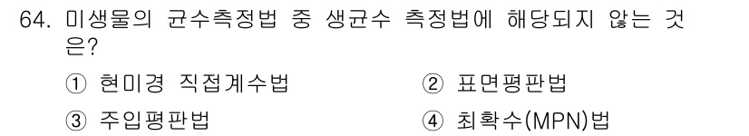 식품안전기사 2016년 64번 - 미생물의 군수측정법 중 생균수 측정법에 해당하지 않는 것은 '최확수(MP... 에 관한 핵심 기출문제