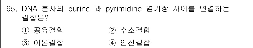 식품안전기사 2016년 95번 - . 인산결합  
DNA의 구조에서 purine과 pyrimidine 염기... 에 관한 핵심 기출문제
