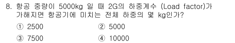 항공기체정비기능사 2015년 8번 - 항공기 중량이 5000kg이고, 하중계수(Load factor)가 2G인... 에 관한 핵심 기출문제