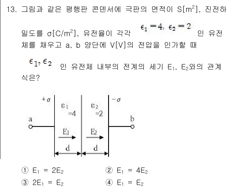 전기기사_필기 2016년 13번 - 주어진 평행판 콘덴서에서 전기장 E는 전위의 변화량에 비례하며, 판의 면... 에 관한 핵심 기출문제