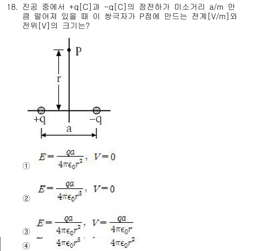 전기기사_필기 2016년 18번 - 전기장 \(E\)는 두 전하의 기여를 합산하여 계산합니다. 전기위치 \(... 에 관한 핵심 기출문제