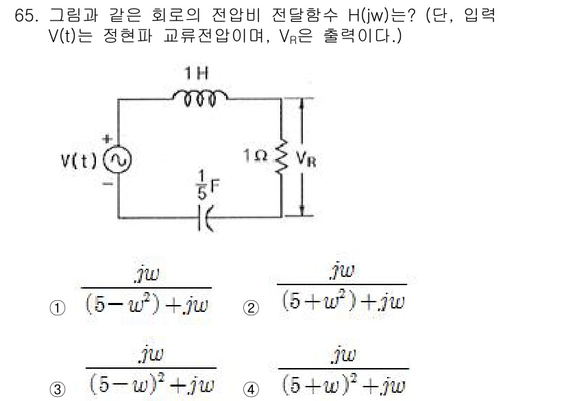 전기산업기사 2015년 65번 - 전기회로에서 전달 함수 \( H(j\omega) \)는 출력 전압 \( ... 에 관한 핵심 기출문제