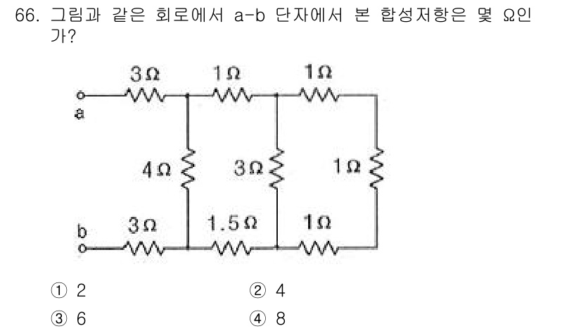 전기산업기사 2015년 66번 - 이 회로에서 a-b 단자에 있는 저항들을 살펴보면, 3Ω 저항과 1.5Ω... 에 관한 핵심 기출문제
