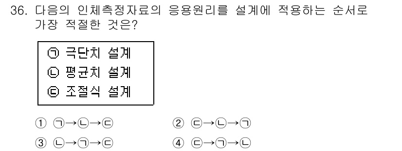 산업안전산업기사 2016년 36번 - 응용 원리를 적용할 때, 작업의 성격에 따라 '극단치 설계'가 가장 안전... 에 관한 핵심 기출문제