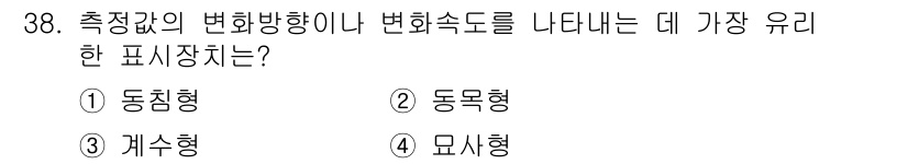 산업안전산업기사 2016년 38번 - 정답은 4번 "표시형"입니다. 측정값의 변화 방향이나 변화를 나타내기 위... 에 관한 핵심 기출문제
