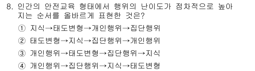 산업안전산업기사 2016년 8번 - 개인행위가 먼저 이루어지고, 이후에 대도변형과 지식이 연결되면서 최종적으... 에 관한 핵심 기출문제