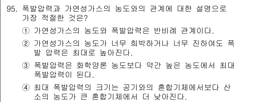 산업안전기사_필기 2016년 96번 - 폭발압력과 가연성 가스의 농도는 반비례 관계에 있습니다. 즉, 가연성 가... 에 관한 핵심 기출문제