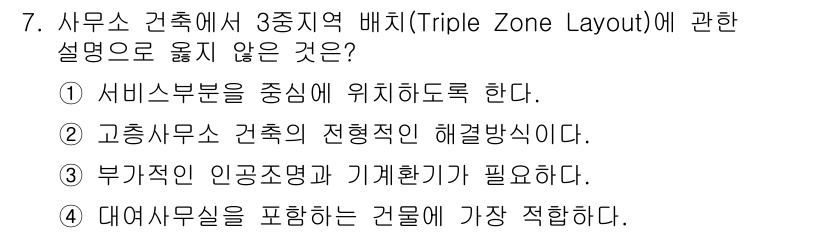 실내건축기사(구) 2016년 7번 - 3중지역 배치에서 서비스부문은 주로 사용자의 동선과 편의성을 고려하여 위... 에 관한 핵심 기출문제