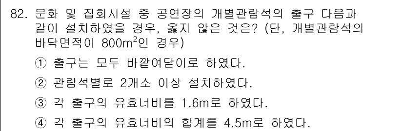 실내건축기사(구) 2016년 82번 - 정답 3번이 올바른 이유는 출구의 유효너비가 1.6m로 각 출구의 유효너... 에 관한 핵심 기출문제