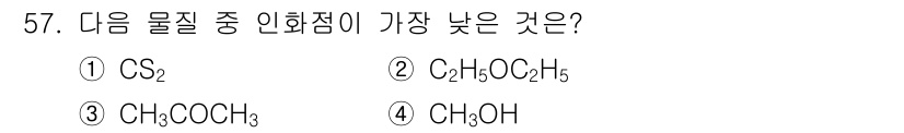 위험물산업기사 2016년 57번 - 정답은 5번 CH₃OH입니다. 이 물질은 에탄올이며, 인화점이 가장 낮아... 에 관한 핵심 기출문제