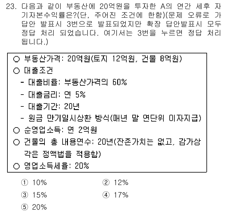 공인중개사_1차 2016년 23번 - 부동산 A의 연간 세후 자산가치 증가는 매년 20억 원의 12%인 2.4... 에 관한 핵심 기출문제