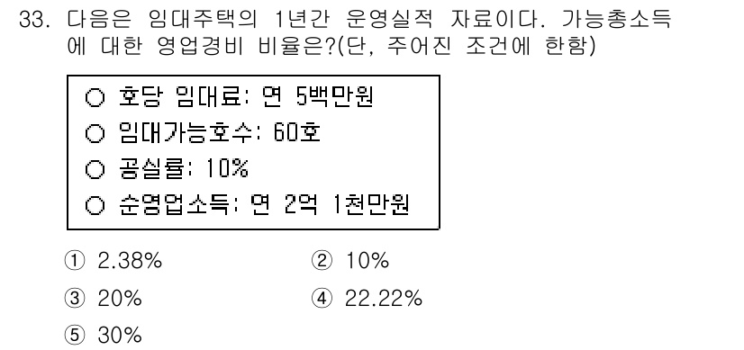 공인중개사_1차 2016년 33번 - 주어진 조건에서 가능한 총수익은 5백만원이며, 임대가능 호수는 60호입니... 에 관한 핵심 기출문제