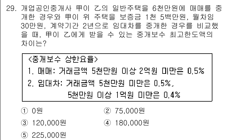 공인중개사_2차 2016년 29번 - 주어진 조건에서 매매가 6천만 원인 경우, 매매 금액 및 계약금액이 기준... 에 관한 핵심 기출문제