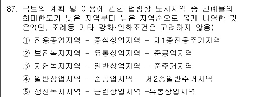 공인중개사_2차 2016년 87번 - 해당 질문에서 "국토의 계획 및 이용에 관한 법령상 도시지역의 최대한도"... 에 관한 핵심 기출문제