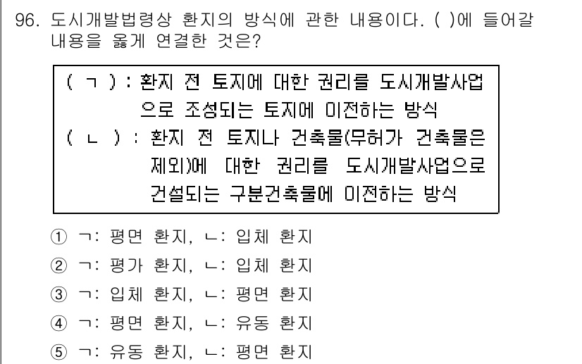공인중개사_2차 2016년 96번 - 정답은 1) 평면 환지입니다. 평면 환지는 도시 개발 시 토지에 대한 권... 에 관한 핵심 기출문제