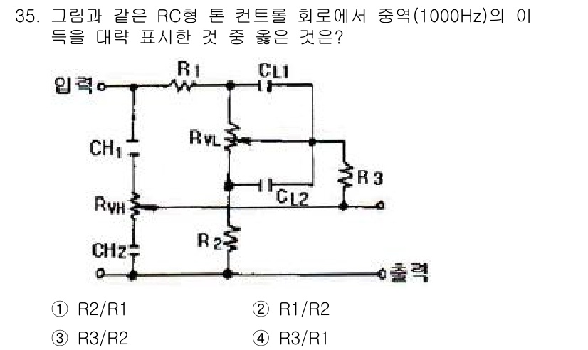 전자기능장 2015년 35번 - 회로에서 입력 주파수(1000Hz)에 대한 반응을 분석할 때, 저항 R2... 에 관한 핵심 기출문제