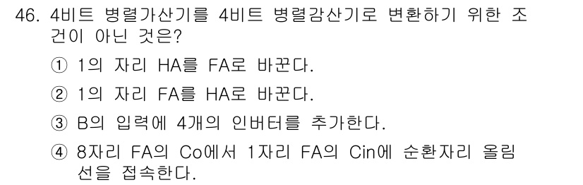 전자기능장 2015년 46번 - 4비트 병렬감산기를 4비트 병렬감산기로 변환하기 위한 조건은 특정 입력이... 에 관한 핵심 기출문제