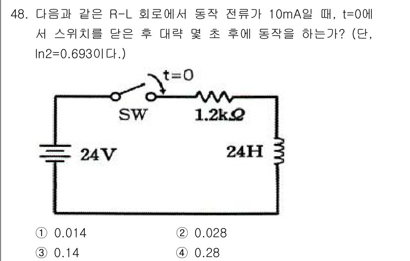 전자기능장 2016년 49번 - 주어진 회로에서 스위치를 닫는 순간 전류가 증가하는 과정은 지수적으로 진... 에 관한 핵심 기출문제