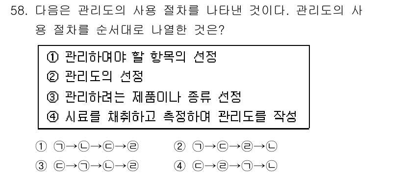 전자기능장 2016년 59번 - 정답 4번은 "시료를 채취하고 측정하며 관리도를 작성"입니다. 관리도는 ... 에 관한 핵심 기출문제