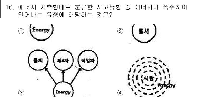 건설안전기사 2016년 16번 - 정답 5번은 "에너지"가 사고 유형 중 에너지 축적으로 정의된 위험을 주... 에 관한 핵심 기출문제