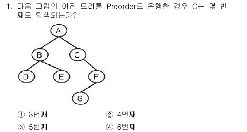 정보처리산업기사 2017년 1번 - 주어진 트리의 Preorder 순회는 루트 노드를 먼저 방문한 후, 왼쪽... 에 관한 핵심 기출문제