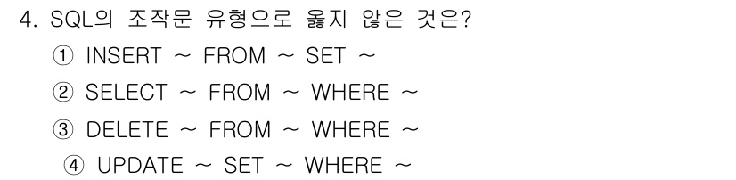 정보처리산업기사 2017년 4번 - . 

이유: SQL의 INSERT 문 형식은 "INSERT INTO 테... 에 관한 핵심 기출문제