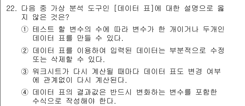 컴퓨터활용능력_2급 2017년 22번 - 데이터 표를 사용하는 경우 입력된 데이터가 부분적으로 수정되면 해당 데이... 에 관한 핵심 기출문제