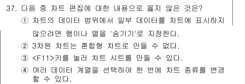 컴퓨터활용능력_2급 2017년 37번 - . 여러 데이터 계열을 선택해 한 번에 차트 종류를 변경할 수 없다. 
... 에 관한 핵심 기출문제