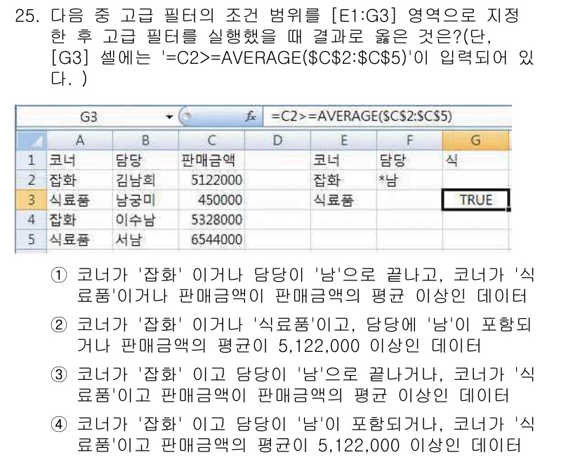 컴퓨터활용능력_1급 2017년 25번 - 정답은 1입니다. 조건부 필터링에서 "잡"이 아닌 "방송"과 "식료품"을... 에 관한 핵심 기출문제