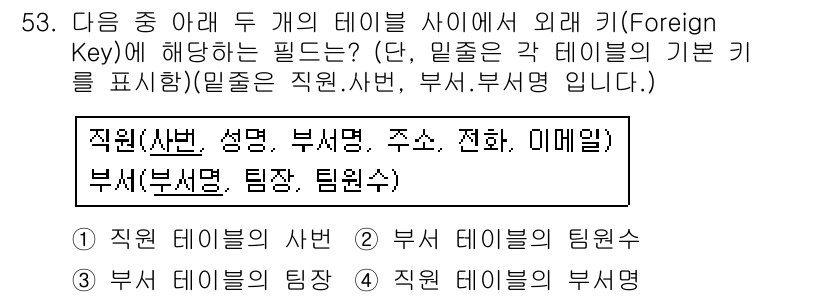 컴퓨터활용능력_1급 2017년 53번 - 외래 키는 두 테이블 간의 관계를 설정하는 데 사용되며, '부서' 테이블... 에 관한 핵심 기출문제