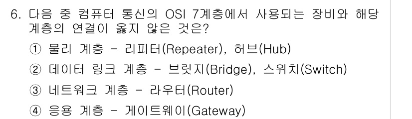 컴퓨터활용능력_1급 2017년 6번 - . 물리 계층 - 리피터(Repeater), 허브(Hub)는 OSI 7계... 에 관한 핵심 기출문제